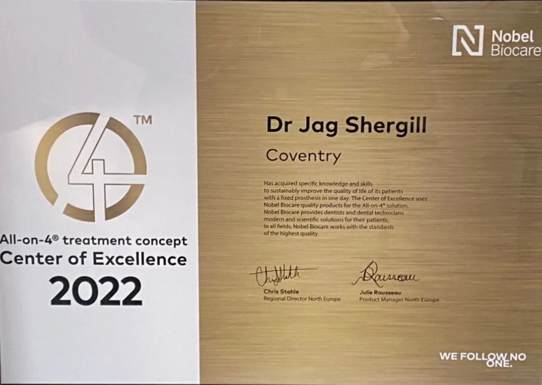 Nobel Biocare All-on-4® treatment concept Center of Excellence 2022 certificate, awarded to Dr Jag Shergill, Coventry
